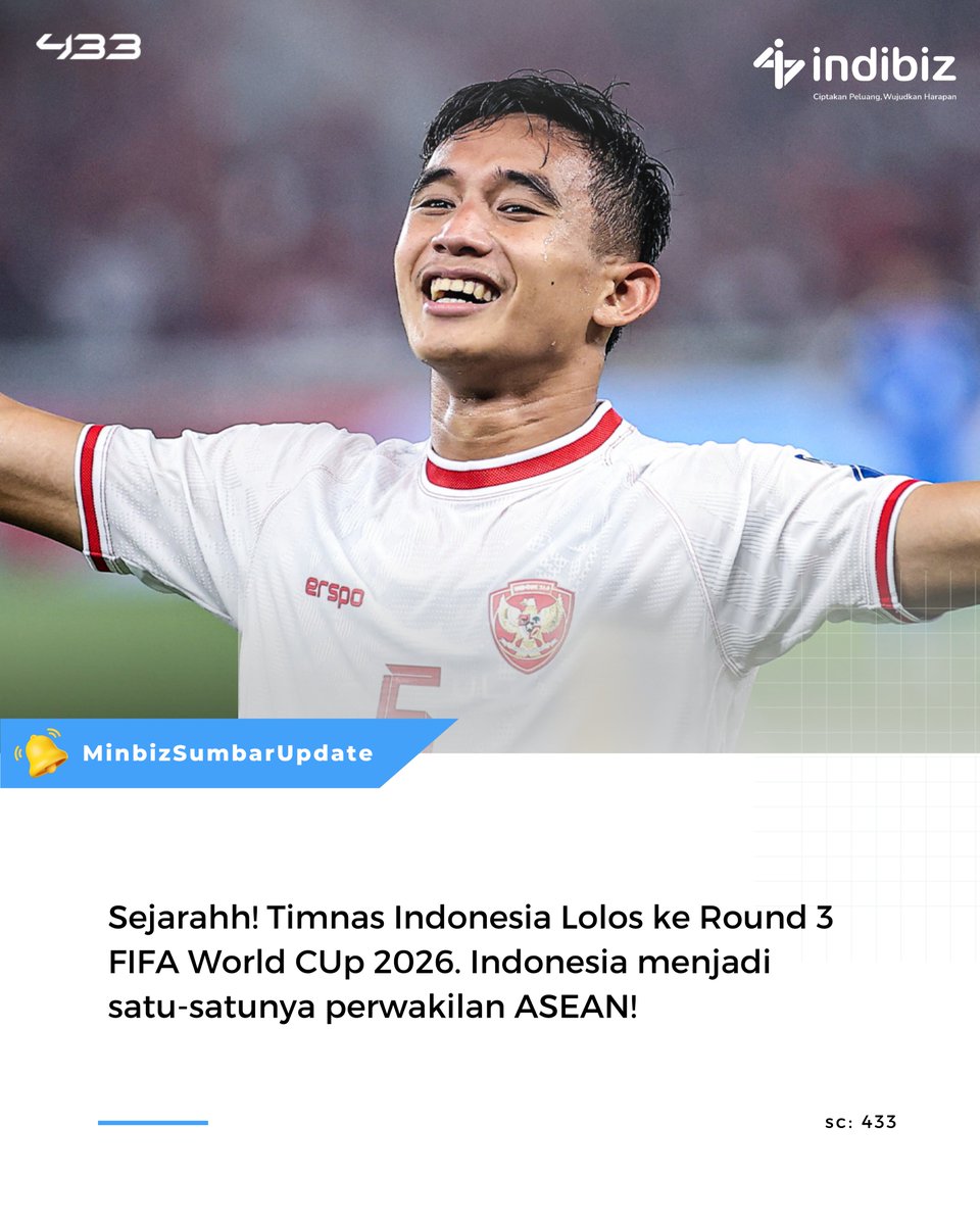 indibizsumbar's tweet photo. Indonesia are through to the #AsianQualifiers third round as Group F runners up!๐๐ฅฐ๐ญ๐ฅน๐คฏ
Indonesia otomatis lolos langsung ke #AsianCup2027 โ
sc: @433
#Indibiz #IndibizSumbar #TimnasDay #ThomHaye #Ridho #TimnasIndonesia #Verdonk #Jay #Marselino #FIFA #433 https://t.co/jZ2Aqz9CxO