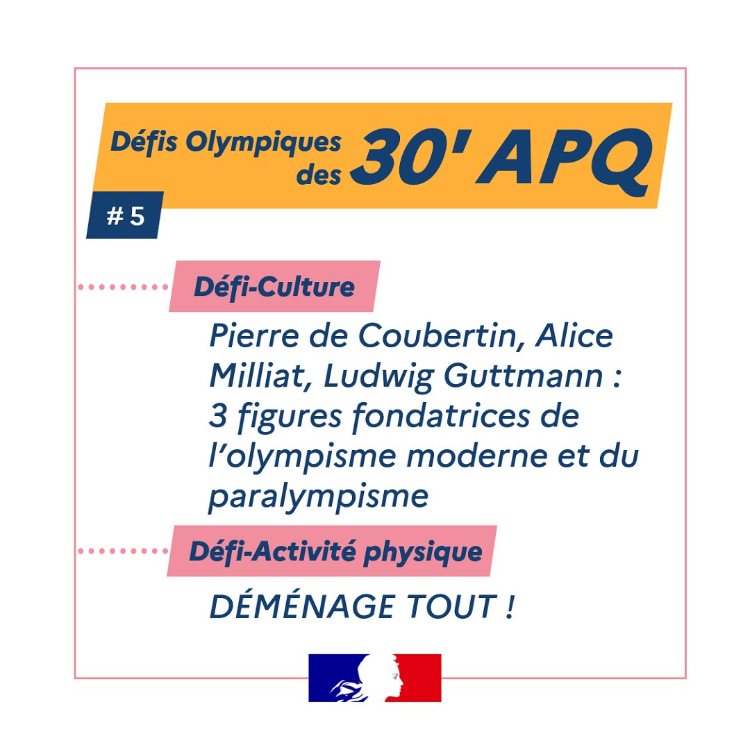 Découvrez votre nouveau Défi 30'APQ pour aborder en classe la dernière ligne droite avant les #JOP2024 🧑‍🦽🏃‍♀️

À la découverte de 3 figures fondatrices de l’olympisme moderne et du paralympisme : Pierre de Coubertin, Alice Milliat et Ludwig Guttmann.
▶ eduscol.education.fr/2569/30-minute…