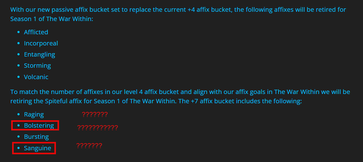 DetonateDead's tweet photo. @WarcraftDevs 

You mixed up which affixes stay and go, right? 
It's a copy paste mistake right?
Someone made an oopsie right?
You don't want to keep only Tank/Heal affixes right?
People who only play m+ should have fun right? https://t.co/KNQdtg2amZ