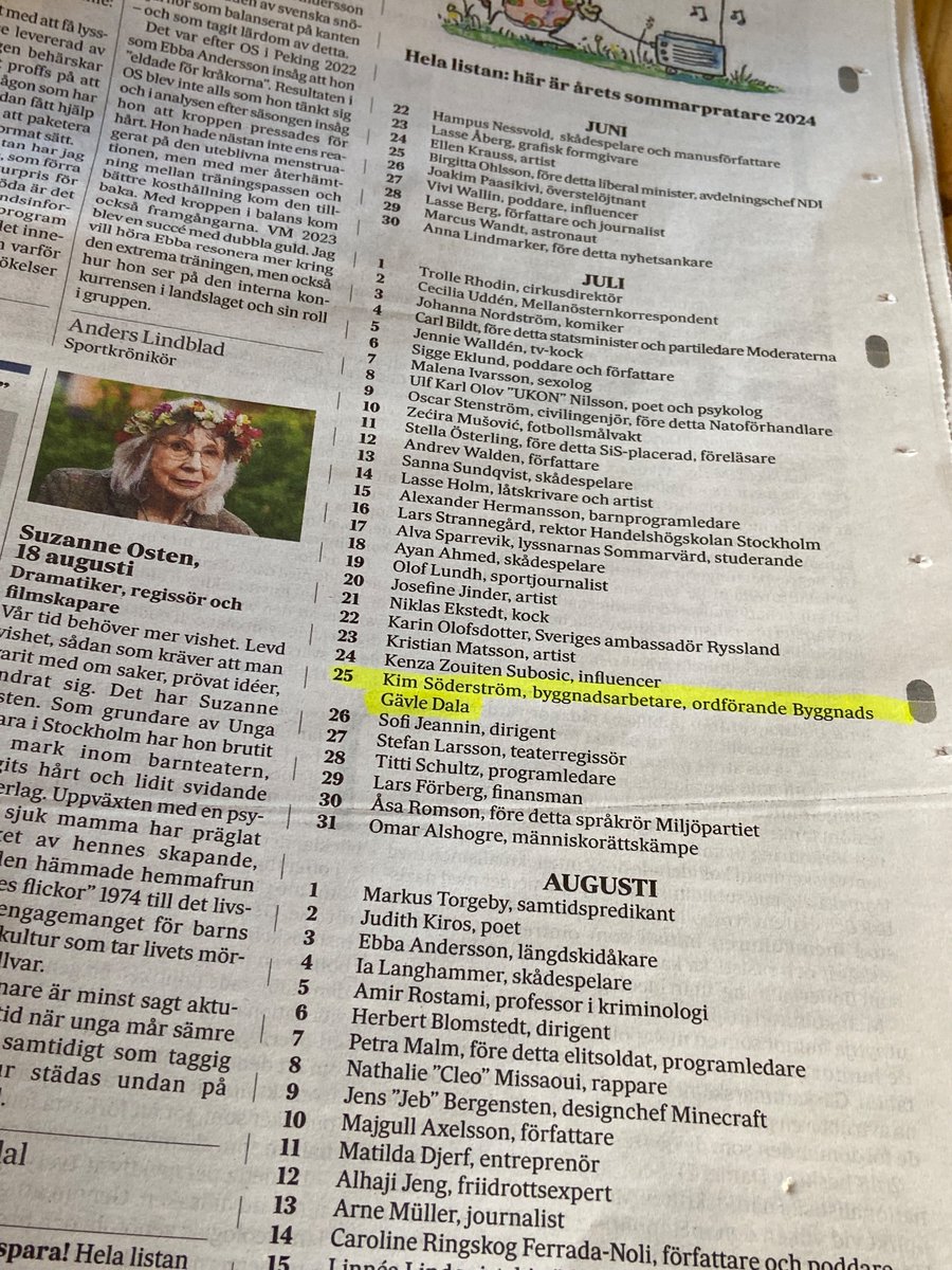 Liv Beckström (@livbeckstrom) on Twitter photo Men oj!
Mitt i den förväntade mainstreamskaran av mediemänniskor, artister, skribenter, influerare, idrottare osv:
Den 25 juli sommarpratar Kim Söderström byggnadsarbetare, ordförande i <a href="/Byggnads/">Byggnads</a> Gävle Dala
En arbetare av 58 - men i alla fall!
<a href="/SvD/">Svenska Dagbladet</a> #sommarpratare24 #sommariP1 Men oj!
Mitt i den förväntade mainstreamskaran av mediemänniskor, artister, skribenter, influerare, idrottare osv:
Den 25 juli sommarpratar Kim Söderström byggnadsarbetare, ordförande i <a href="/Byggnads/">Byggnads</a> Gävle Dala
En arbetare av 58 - men i alla fall!
<a href="/SvD/">Svenska Dagbladet</a> #sommarpratare24 #sommariP1