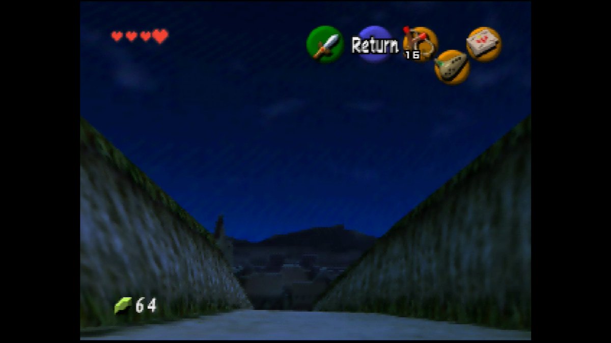 maraganger's tweet image. gonna take this replay of OoT as an opportunity to showcase, every play session, a couple of details that are sometimes forgotten about the game. first one being the sky, especially at night. the soft blue gradient with the dithering really adds to it