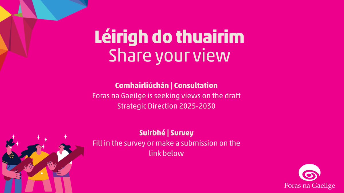 💬 Comhairliúchán | Consultation

We are inviting the public to comment on this draft Strategic Direction

📝 Léirigh do thuairim | Share your view

Fill in the survey or send a submission before 1pm on Friday 6th  September 2024

🔗 #TreoStraitéiseach

forasnagaeilge.ie/strategic-dire…