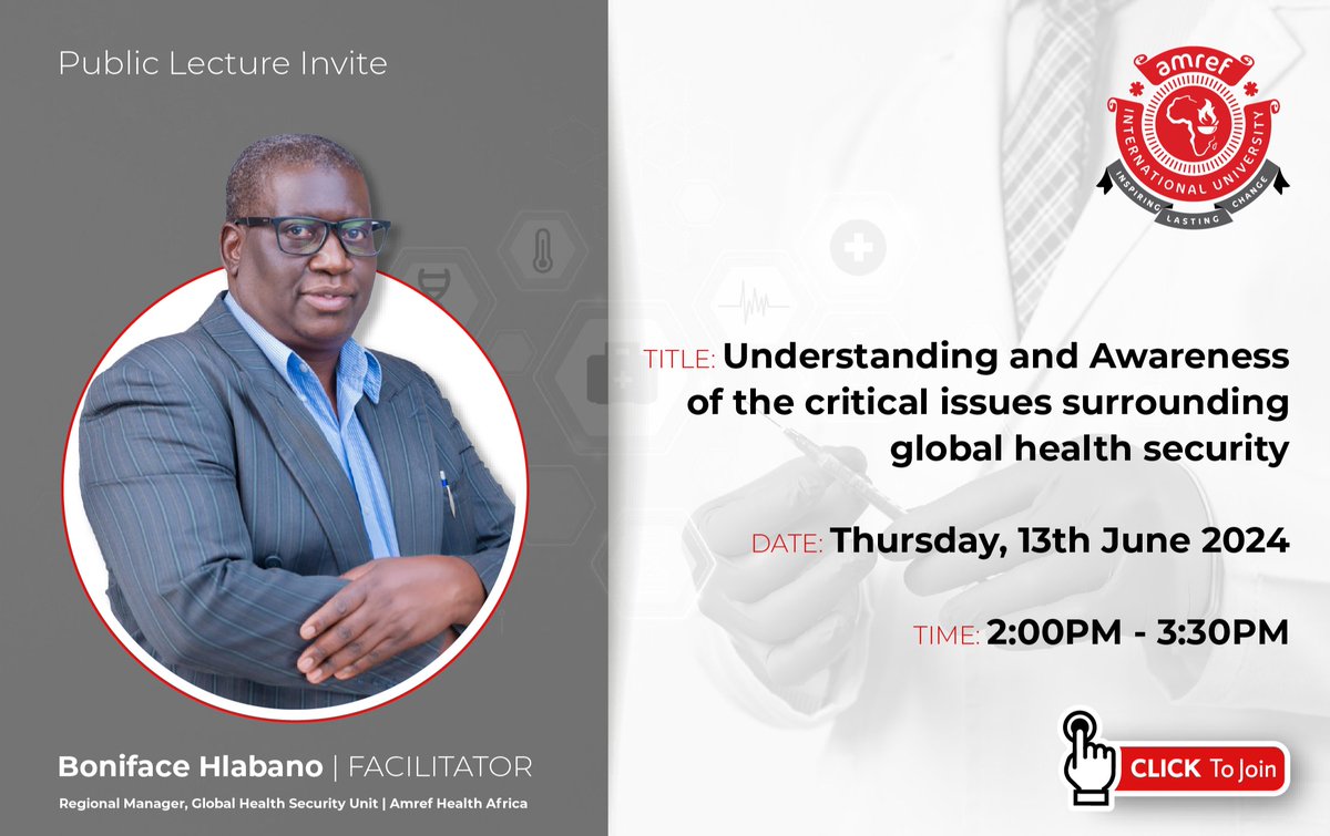 Amref International University (AMIU) (@amrefuniversity) on Twitter photo Join us virtually as we discuss critical issues in global health security.
Date: 13th June 2024
Time: 2: 00 pm - 3:30 pm EAT
Speaker: Boniface Hlabano, Regional Manager, Global Health Security Unit, Amref Health Africa.
Register: buff.ly/3VbKBy7
#InspiringLastingChange Join us virtually as we discuss critical issues in global health security.
Date: 13th June 2024
Time: 2: 00 pm - 3:30 pm EAT
Speaker: Boniface Hlabano, Regional Manager, Global Health Security Unit, Amref Health Africa.
Register: buff.ly/3VbKBy7
#InspiringLastingChange