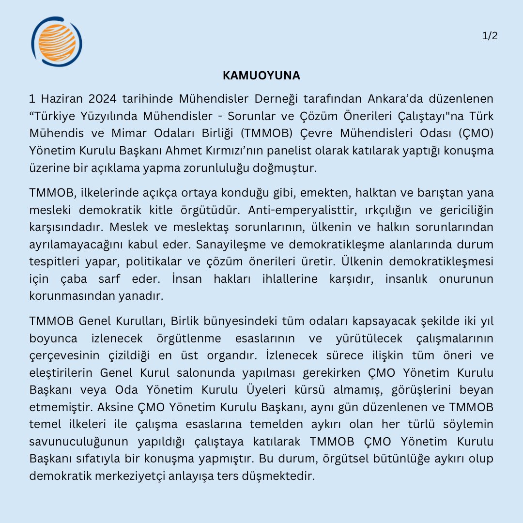 CMOistanbul's tweet photo. + TMMOB ilkeleriyle örtüşmeyen görüşleri dile getirmiştir. Bu tutumu desteklemediğimizi belirtiyor, mesleki örgütlenmenin güçlendirilmesinin önemini vurguluyoruz. TMMOB ilkelerine uygun çalışmaya davet ediyoruz. 
Açıklamanın tamamını paylaşıyoruz 👇
@CMO_IZMIRSUBE @CMOdiyarbakir https://t.co/caA3bDguSP