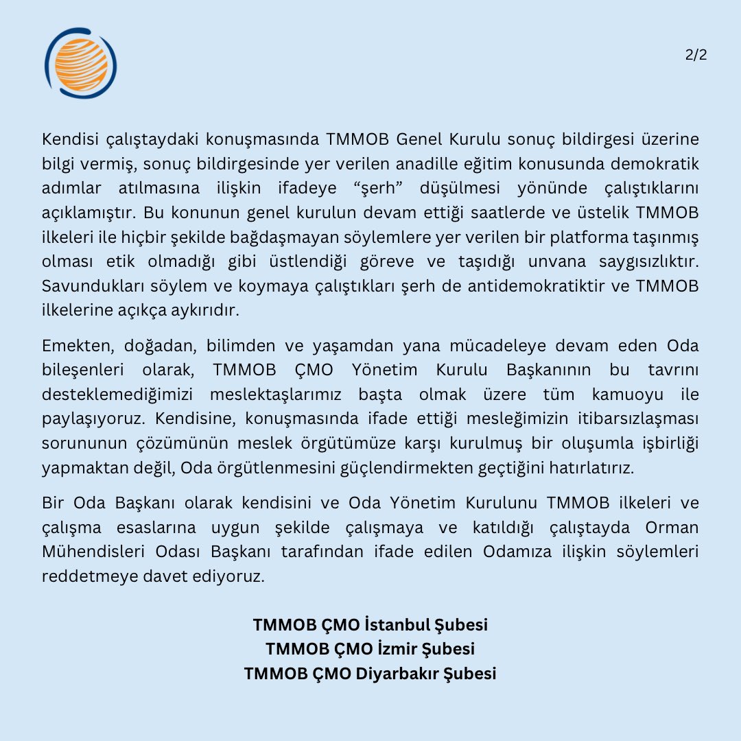 + TMMOB ilkeleriyle örtüşmeyen görüşleri dile getirmiştir. Bu tutumu desteklemediğimizi belirtiyor, mesleki örgütlenmenin güçlendirilmesinin önemini vurguluyoruz. TMMOB ilkelerine uygun çalışmaya davet ediyoruz. 
Açıklamanın tamamını paylaşıyoruz 👇
<a href="/CMO_IZMIRSUBE/">TMMOB_CMOIZMIR</a> <a href="/CMOdiyarbakir/">ÇMO Diyarbakır|Amed</a>