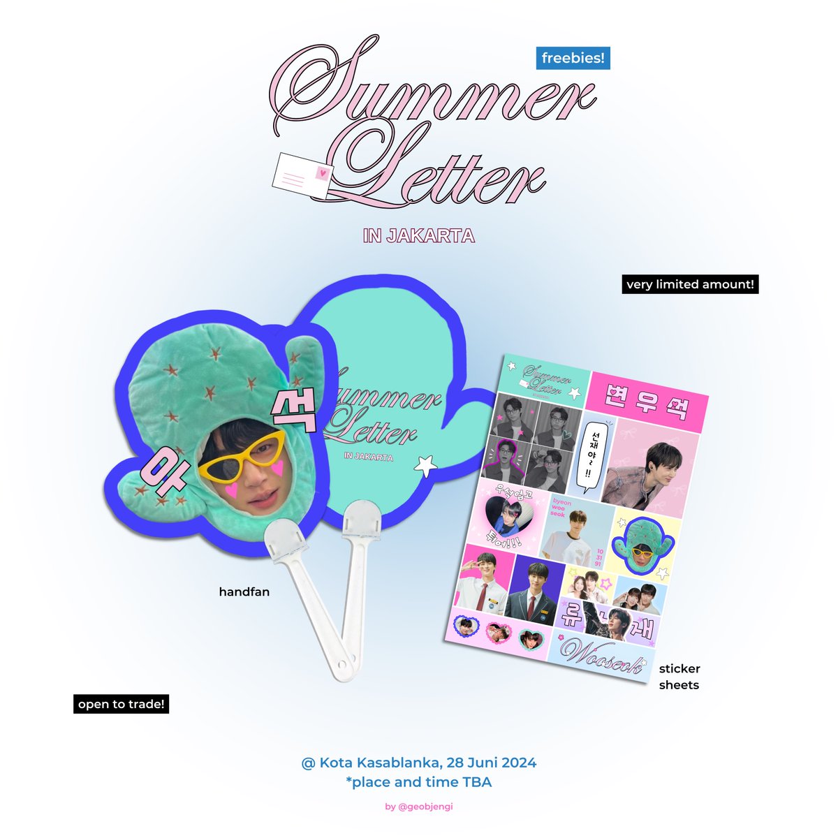 geobjengi's tweet photo. freebies for byeon wooseok fanmeeting - summer letter in jakarta💌

📮kota kasablanka, 28 juni 2024
📎 time and place TBA (i'll be roaming around kokas)

no additional rules! ga perlu mutualan gapapa. tapi tidak menerima nitip ambilin temen yaa 🙅‍♀️

⭐️ open for trade! DM📩

see u! https://t.co/Nfm53XXtkt