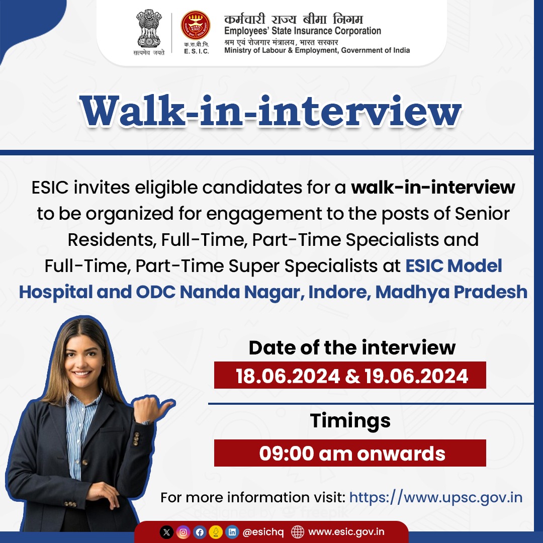 esichq's tweet photo. Vacancies Alert! 
All the eligible candidates are invited for a walk-in-interview to be organized for appointment to the posts of Senior Residents, Full-Time, Part-Time Specialists 1/...

#ESICHq #MadhyaPradesh #JobsInMP #JobOpportunities #JobVacancy #JobAlert #JobRecruitments https://t.co/ZlZuH52MwU