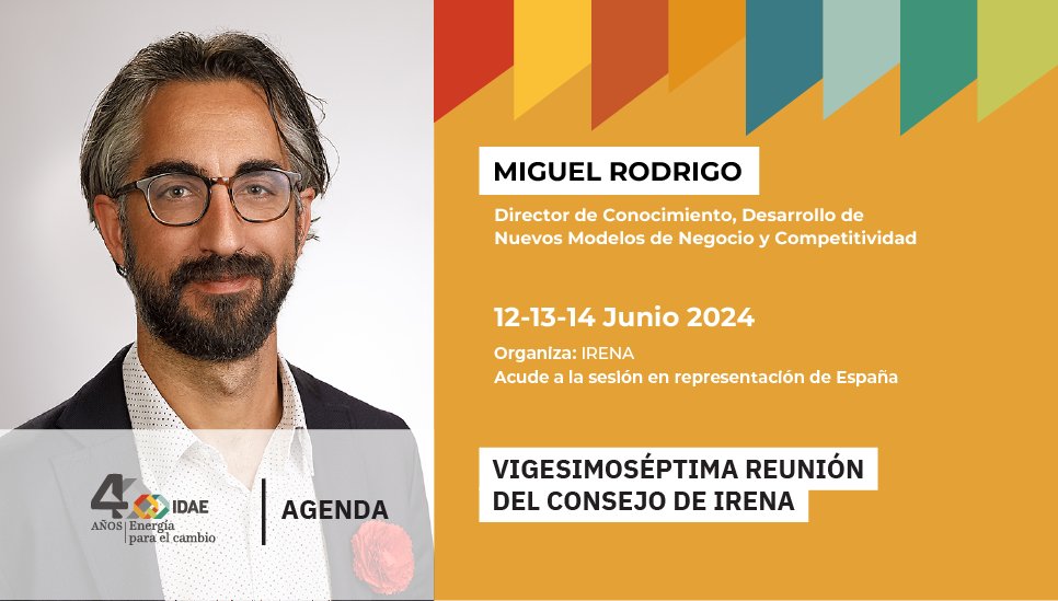 El director de Conocimiento, Nuevos Modelos de Negocio y Competitividad del #IDAE, <a href="/MiguelRodrigo78/">Miguel Rodrigo</a>, representa desde hoy a España 🇪🇸 en la 27ª reunión del Consejo de <a href="/IRENA/">IRENA</a> en Abu Dabi

🗓️12, 13 y 14 de junio

ℹ️ idae.es/evento/twenty-…