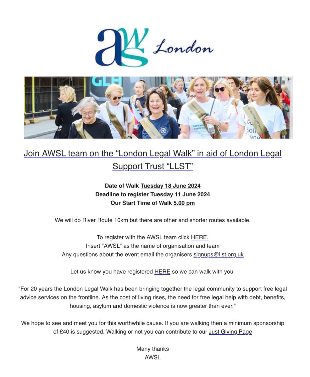 AWS London (@awslondon) on Twitter photo We are walking the London Legal Walk in support of the <a href="/londonlegal/">London Legal Support Trust</a> next Tuesday. If you would like to join us do get in touch, or you can donate here to support some of the most vulnerable members of society access life changing free legal advice - londonlegalsupporttrust.enthuse.com/pf/association⦠We are walking the London Legal Walk in support of the <a href="/londonlegal/">London Legal Support Trust</a> next Tuesday. If you would like to join us do get in touch, or you can donate here to support some of the most vulnerable members of society access life changing free legal advice - londonlegalsupporttrust.enthuse.com/pf/associationā¦