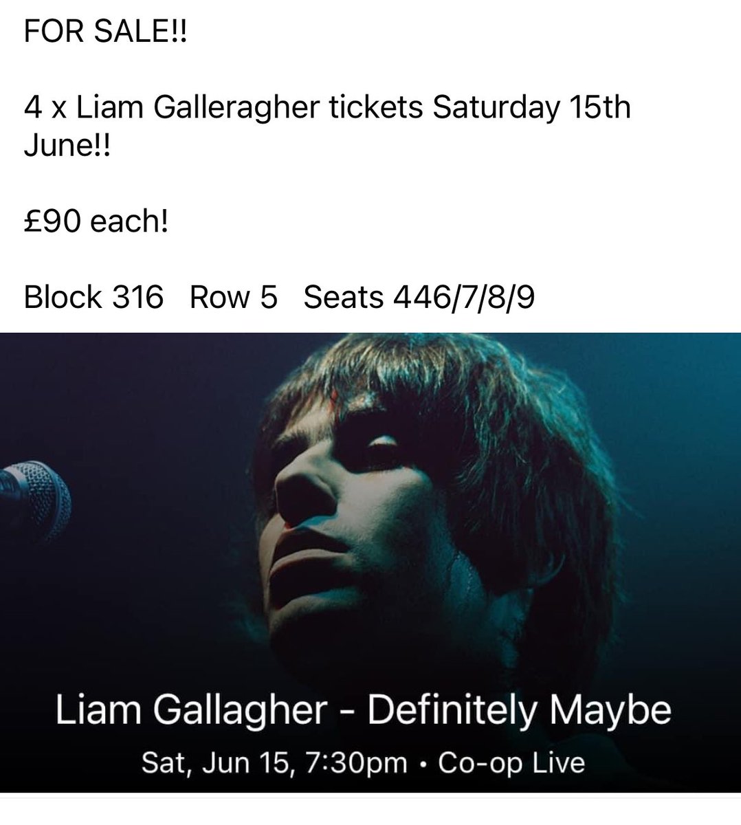 AndyMott11's tweet photo. Liam Gallagher tickets for sale! DM me if interested 👍🏻 https://t.co/m1QotwA7OK