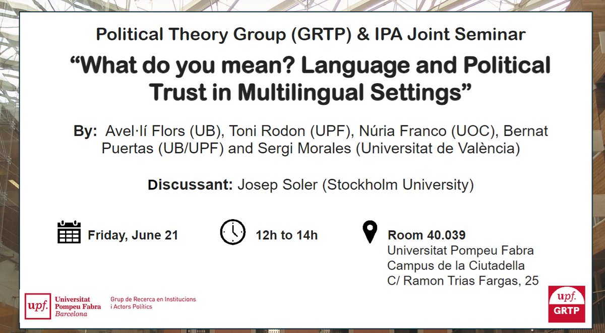📢 Divendres vinent, seminari de recerca conjunt amb <a href="/IPA_UPF/">Institutions and Political Actors - UPF</a>. Presenten <a href="/aflorsmas/">Avel·lí Flors Mas</a>, <a href="/tonirodon/">Toni Rodon</a>, <a href="/nufranco/">Núria Franco Guillén</a>, <a href="/bernat_puertas/">Bernat Puertas</a> i <a href="/sergimorales/">Sergi Morales-Gálvez</a>.

👅 "What do you mean? Language and Political Trust in Multilingual Settings"

📆 21 de juny a les 12h. Us hi esperem!