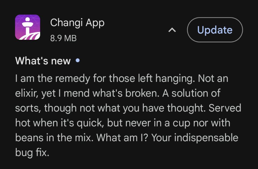 swagsing05's tweet image. I never thought I would see a riddle in an app update, but here I am. @ChangiAirport is now as cool as @SlackHQ when it comes to creativity in little things #devtricks.#eastereggs