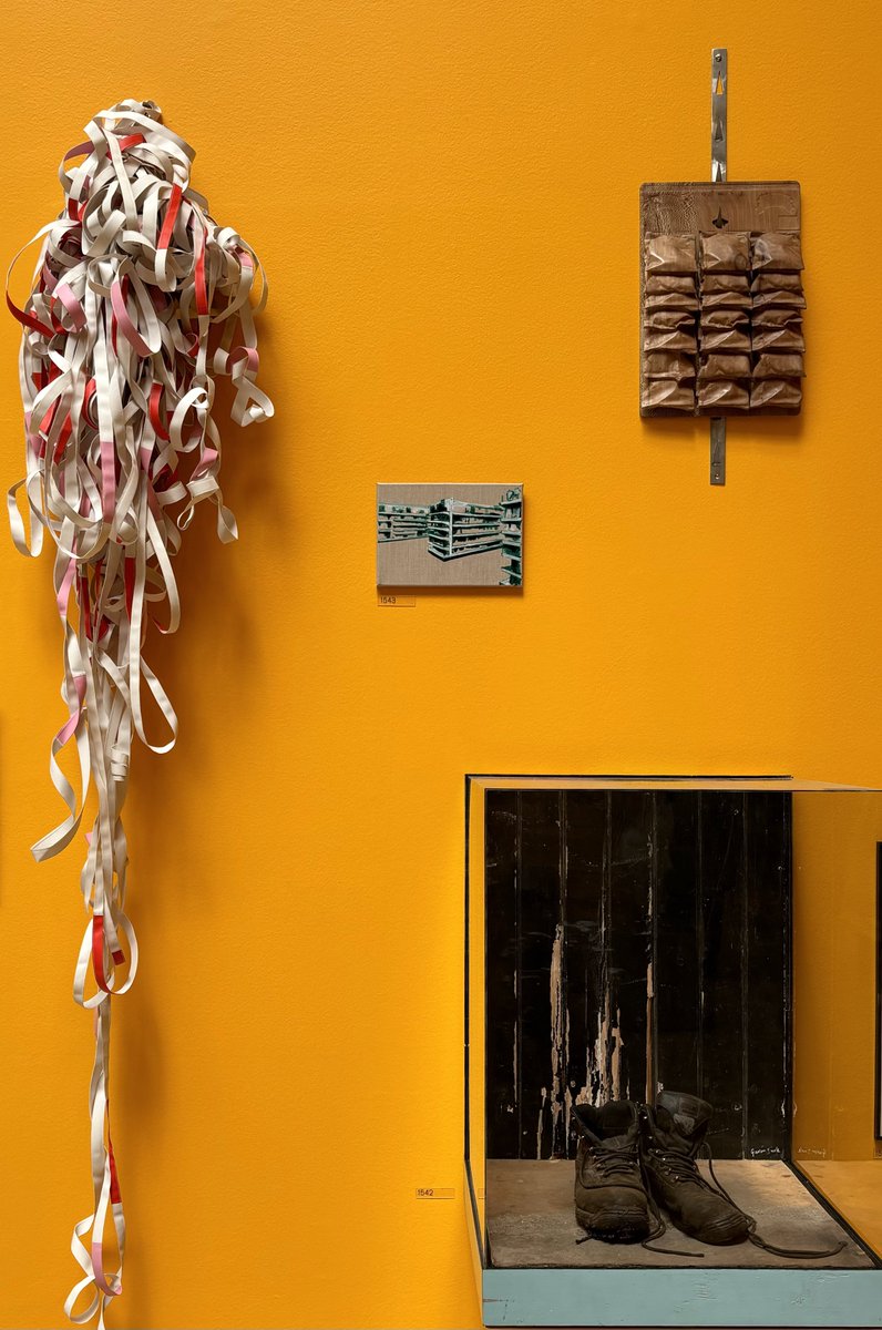chriscoombes's tweet photo. Sainsbury’s Islington on the wall @royalacademy, neighbours: Cecile Johnson Soliz ‘Tangle (Red &amp; Pink)’, Gavin Turk ‘Vincent’s Van Boots’ and Lucy Ellerton ‘Scampi Fries (For Katie)’. In the #SummerExhibition Lecture Room selected by Veronica Ryan https://t.co/IqpbZRwZy6