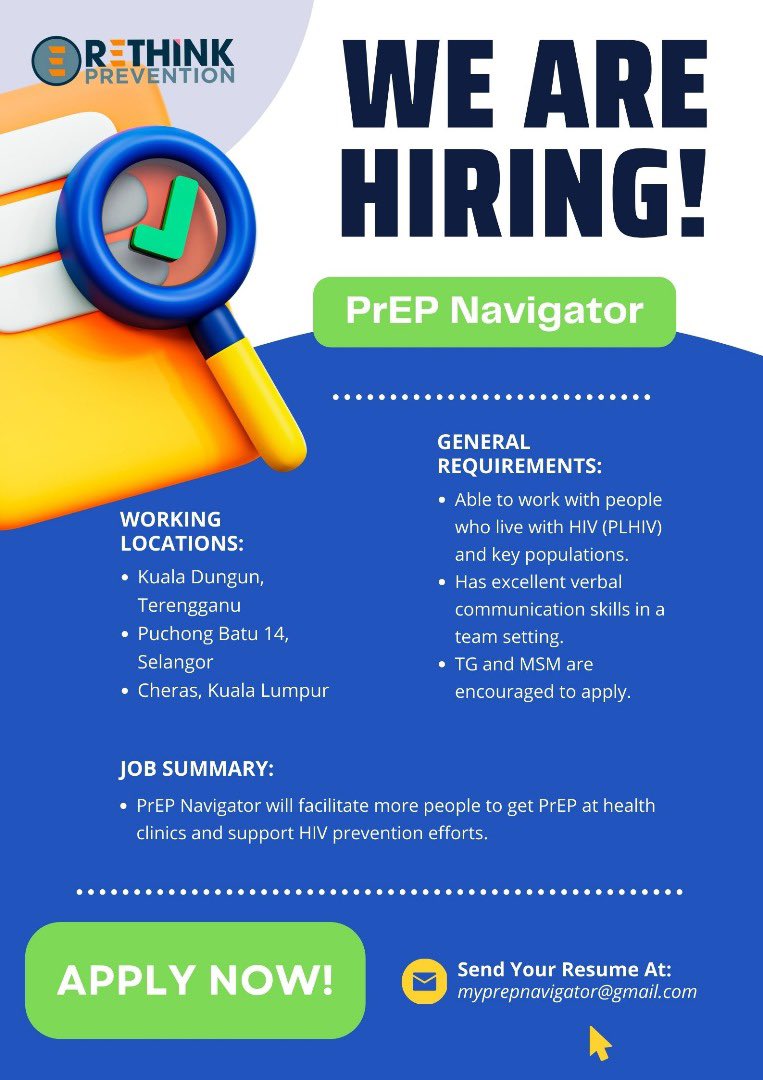 myprevention_'s tweet photo. Join our team as a PrEP Navigator!
Seeking passionate individuals to guide others in accessing HIV prevention services.
Send your resume to myprepnavigator@gmail.com & make a difference today!
#vacancymalaysia #jawatankosongmalaysia #wearehiring #hivmalaysia #stdmalaysia https://t.co/LsQo6jiLvh