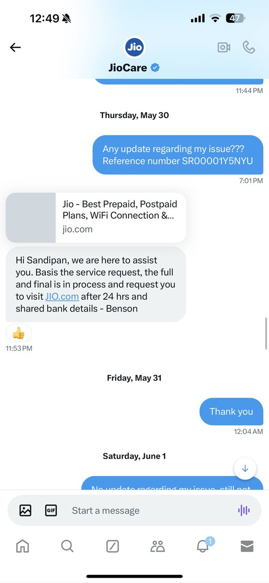 Moonhzrk's tweet photo. @JioCare Same reply from last 13th days. No one is resolved my issue. https://t.co/g9iNEPgvws