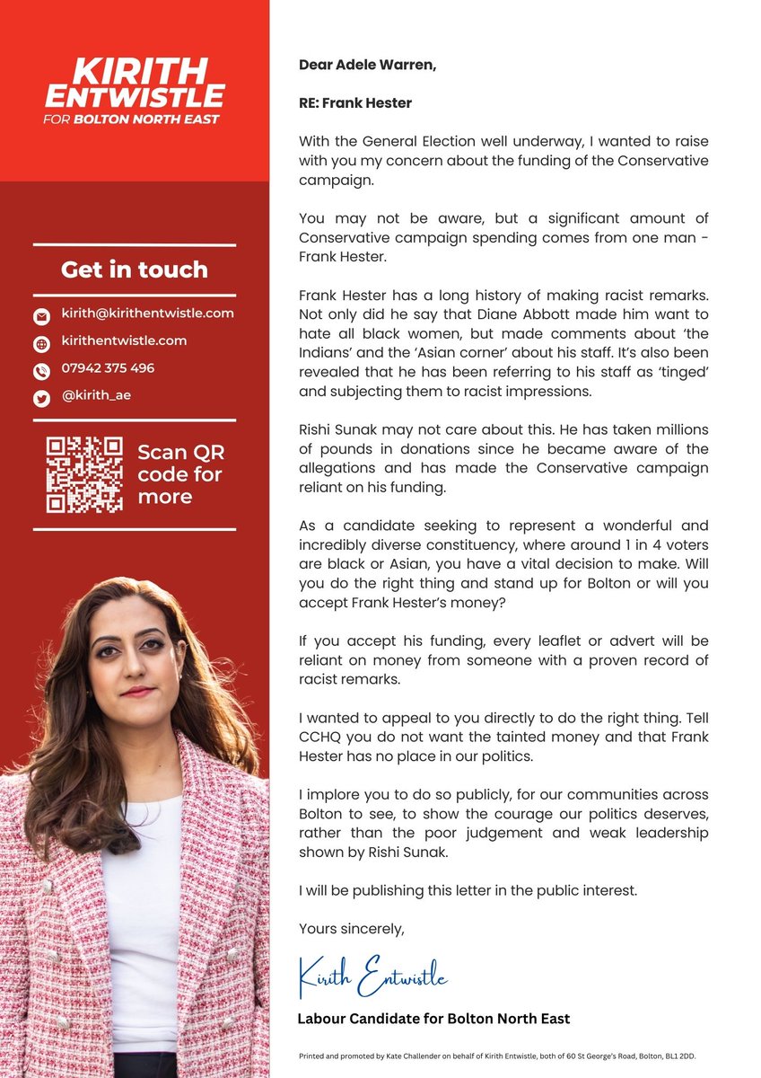 kirith_ae's tweet photo. I’ve written to my Conservative opponent this morning, asking her to say no to funding her campaign using money from a known racist 👇 https://t.co/n3ta4MhJ4A