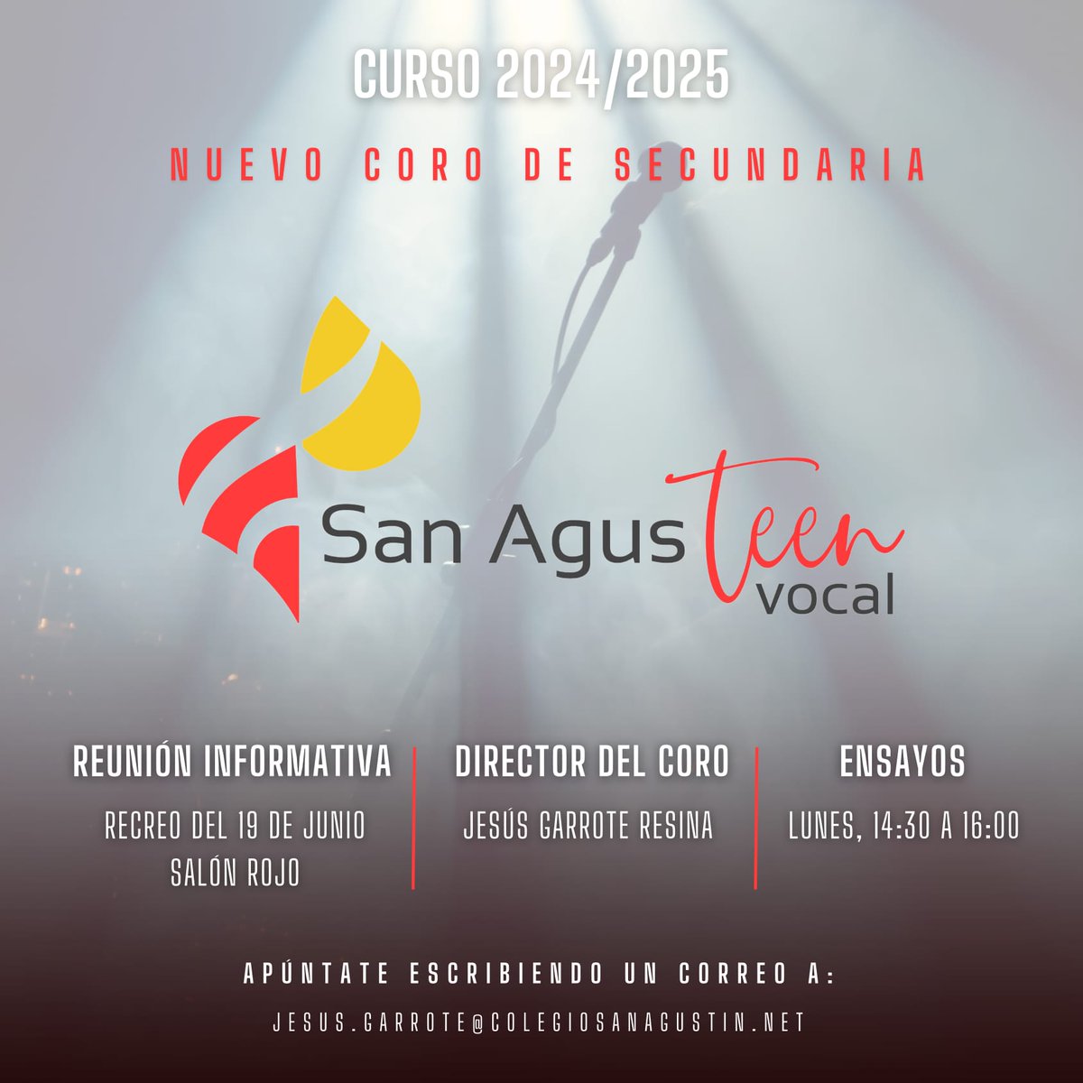 ¡Notición! Nuevo coro en nuestro colegio a partir del curso que viene. Dirigido al alumnado de secundaria y Bachillerato, con ensayos los lunes de 14:30 a 16:00. ¡Apúntate a cantar en el San Agusteen Vocal!
#SanAgustín_VA