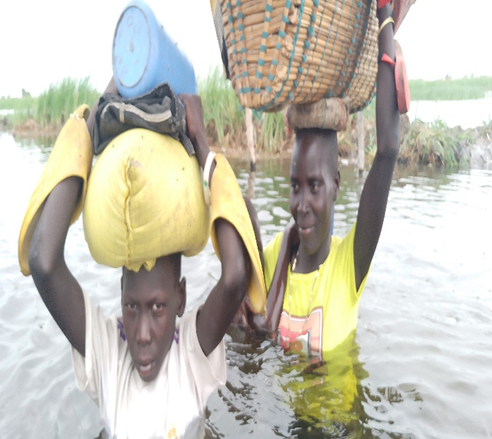 Nyal, Panyijar County of Unity State, South Sudan. Destroyed dyke in Dhornyakier village (left) and Mother and all her children migrating to the high ground from Luali village (right). The flood negative effects are much visible &amp; anticipated to get worse. #SSOX <a href="/OCHASouthSudan/">OCHA South Sudan</a>