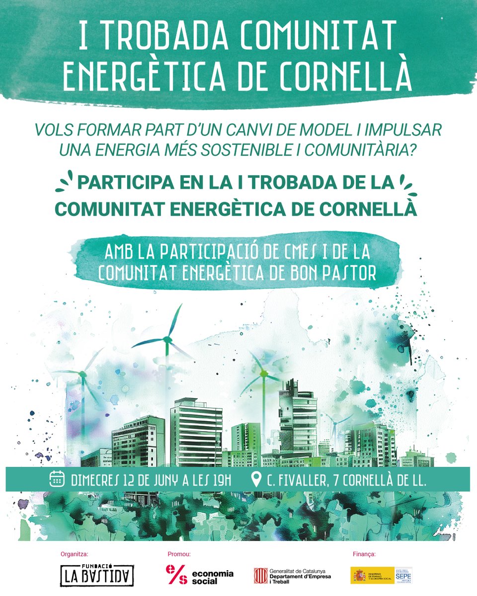 LaBastidaFund's tweet photo. Avui a les 19h ens trobem a la @LaBastidaFund a la 1a TROBADA DE LA COMUNITAT ENERGÈTICA DE CORNELLÀ. Inscripcions a: https://t.co/KZf35TeC3n
Amb la participació de @CMESenergia i la Comunitat Energètica de Bon Pastor @fembonpastor @SilvanoAversano https://t.co/8XY9WtXzYy