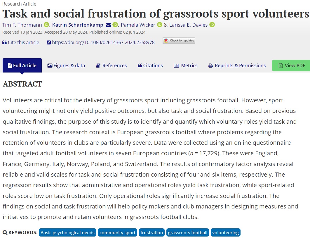 Sport Policy Unit - MMU (@spu_mmu) on Twitter photo .<a href="/DrLarissaDavies/">Prof. Larissa Davies</a> and her co-researchers have a new publication in Leisure Studies titled, "Task and social frustration of grassroots sport volunteers." The paper discusses the voluntary roles which yield task and social frustration. Link to full paper: tandfonline.com/eprint/QEWCVAX… .<a href="/DrLarissaDavies/">Prof. Larissa Davies</a> and her co-researchers have a new publication in Leisure Studies titled, "Task and social frustration of grassroots sport volunteers." The paper discusses the voluntary roles which yield task and social frustration. Link to full paper: tandfonline.com/eprint/QEWCVAX…