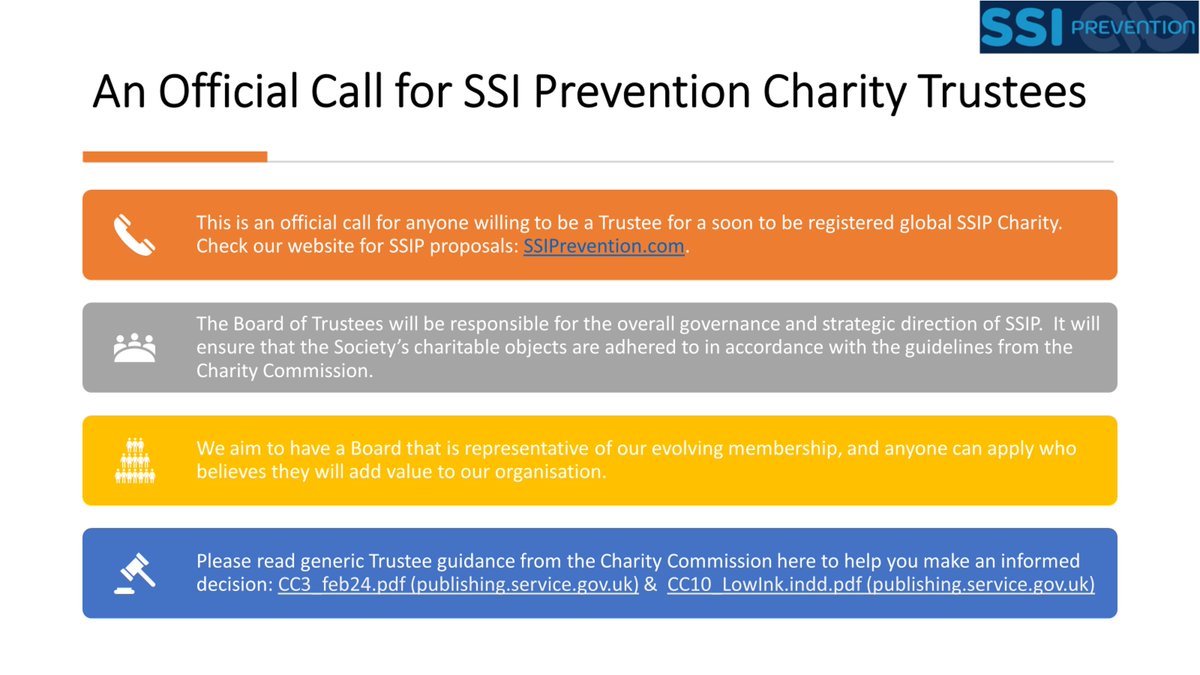 SSIPreventionD's tweet photo. This is an official call for Trustees for a soon to be registered SSI Prevention Charity. Let us know by Tuesday 18th of June 2024, 5pm UK time if interested. Check website https://t.co/x2Jir3DbJD for #SSIPProposals
#SSIMission #SSIPVision #SSIPStrategy #StopSSI #SSIPrevention https://t.co/JZ7dV4A8wG