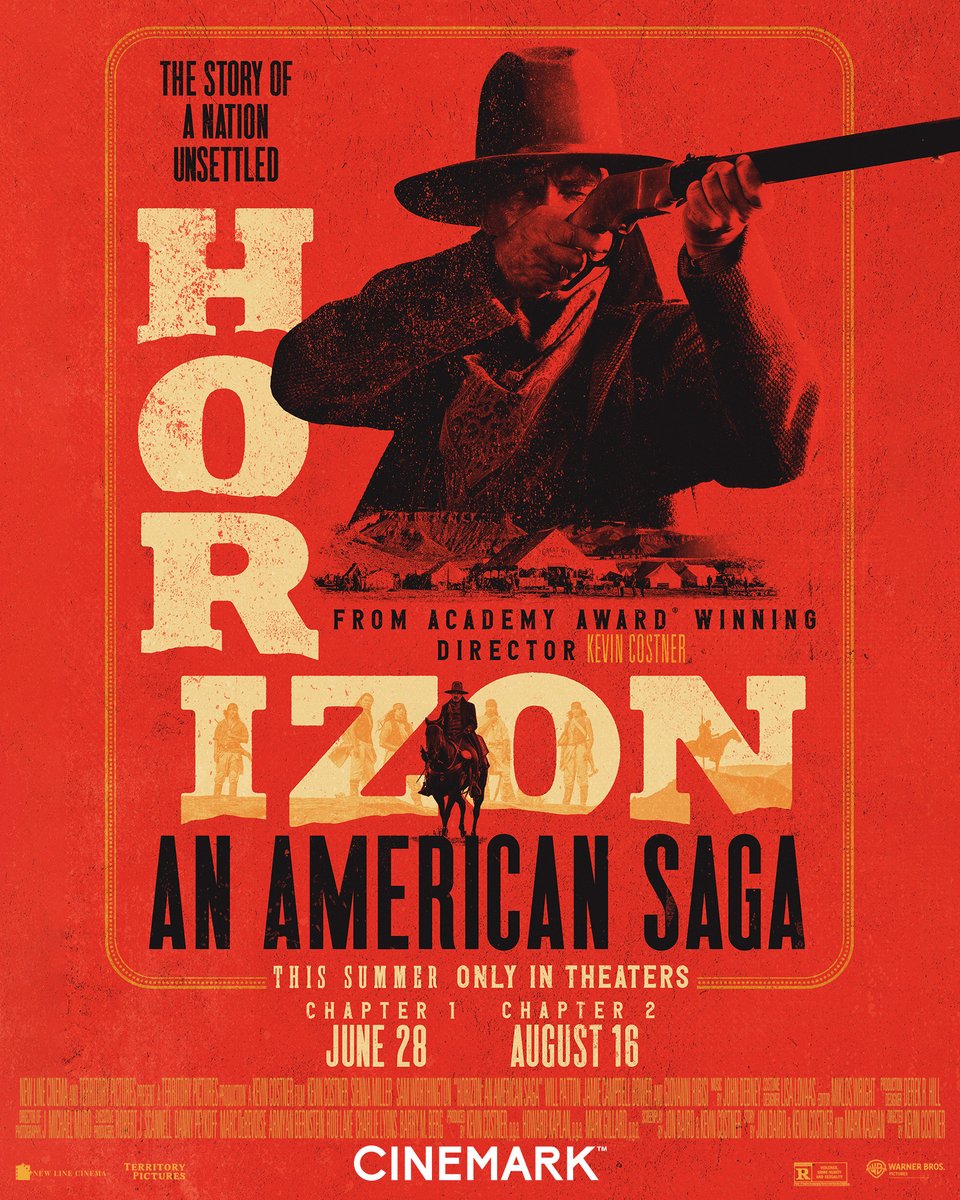 Blazing a trail through this summer. Tickets for #HorizonAmericanSaga are ON SALE NOW.

Here's a 👀 at our EXCLUSIVE Cinemark poster 🔥

Chapter 1 - in theatres June 28: cinemark.com/movies/horizon…

Chapter 2 – in theatres August 16: cinemark.com/movies/horizon…