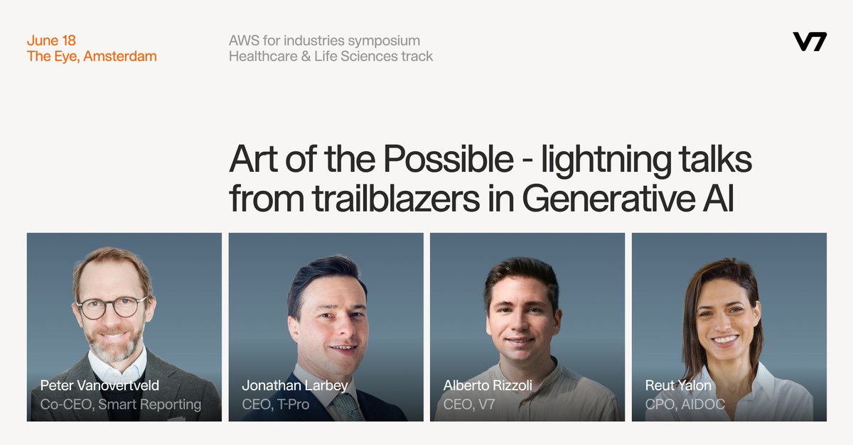 V7 (@v7labs) on Twitter photo At 12.30 CET, on June 18th, CEO and V7 Co-Founder <a href="/Albertorizzoli/">Alberto Rizzoli</a> will join the “Art of Possible” panel, as part of the <a href="/awscloud/">Amazon Web Services</a> for Industries Symposium in Amsterdam…
Will we see you there?
Joined by <a href="/smart_reporting/">Smart Reporting</a>, <a href="/tproworld/">T-Pro</a>, and <a href="/aidocmed/">Aidoc | Always on AI</a>, Alberto will be revealing At 12.30 CET, on June 18th, CEO and V7 Co-Founder <a href="/Albertorizzoli/">Alberto Rizzoli</a> will join the “Art of Possible” panel, as part of the <a href="/awscloud/">Amazon Web Services</a> for Industries Symposium in Amsterdam…
Will we see you there?
Joined by <a href="/smart_reporting/">Smart Reporting</a>, <a href="/tproworld/">T-Pro</a>, and <a href="/aidocmed/">Aidoc | Always on AI</a>, Alberto will be revealing