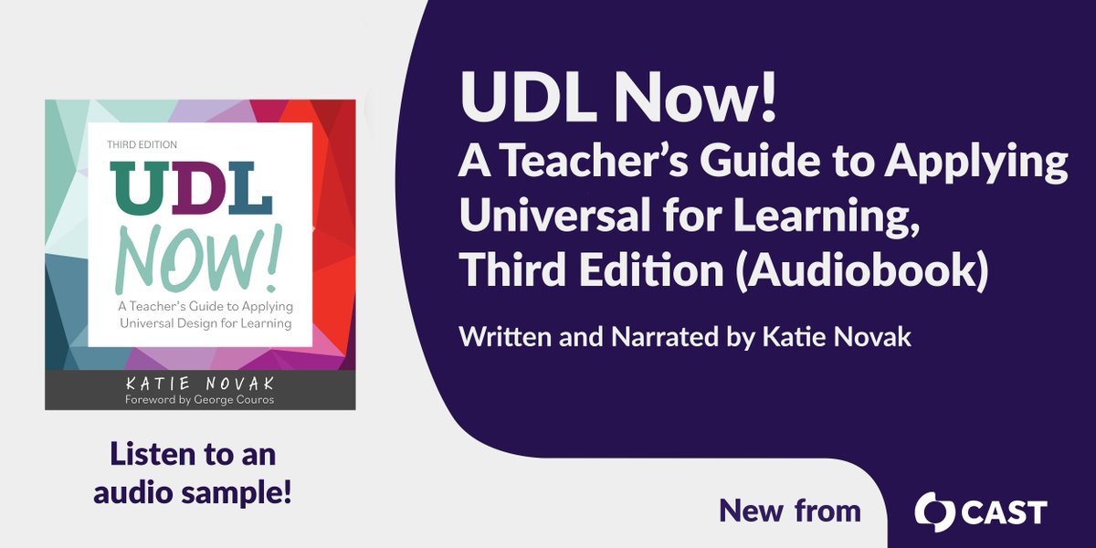 CAST_UDL's tweet image. Did you know that UDL NOW! A TEACHER’S GUIDE TO APPLYING UNIVERSAL DESIGN FOR LEARNING, THIRD EDITION is available as an audiobook? It’s narrated by @KatieNovakUDL, and you can listen to an audio sample online. #UniversalDesignForLearning #UDL #audiobook ow.ly/SeaA50QcHMv