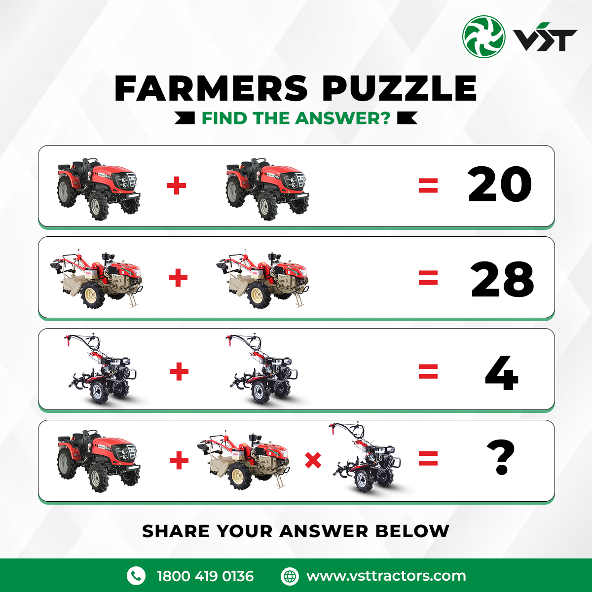 VST_Tillers's tweet image. Let&apos;s put our thinking caps on for a fun puzzle challenge, Think you know the answer? Share it in the comments below!
Let&apos;s see who can solve it first! #FarmersPuzzle #BrainTeaser #FunWithNumbers #challengeyourmind