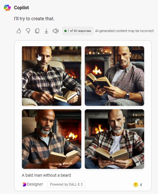 Jon404's tweet photo. Found a random bug with Bing Copilot - Apparently it's impossible to generate an image of a bald man without a beard @MSFTCopilot #aifail https://t.co/O0dGuQ2eOG