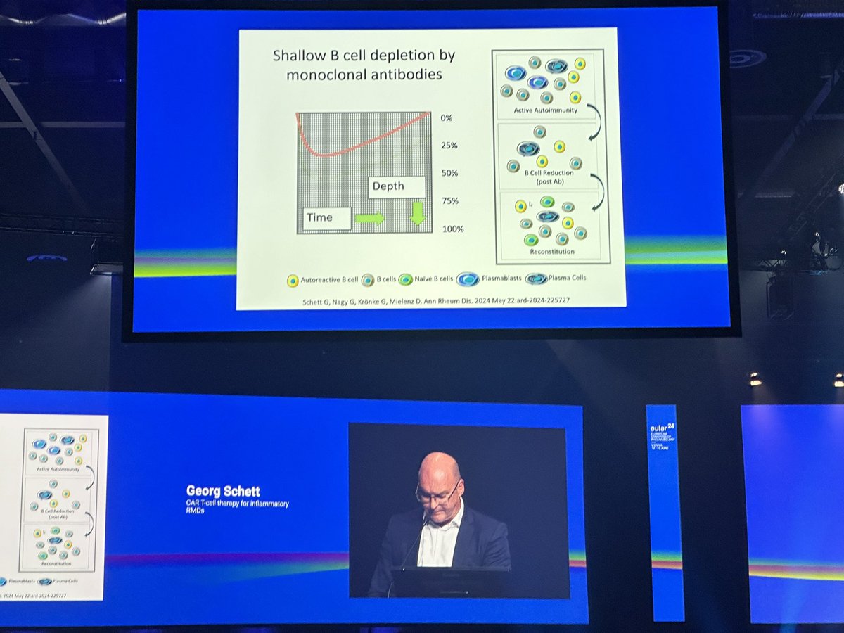 Rituximab limitation in SLE &amp; other RMDs: B cells in tissues not depleted (compared to peripheral depletion). CAR T-cell therapy proves more efficacious. :) #eular2024