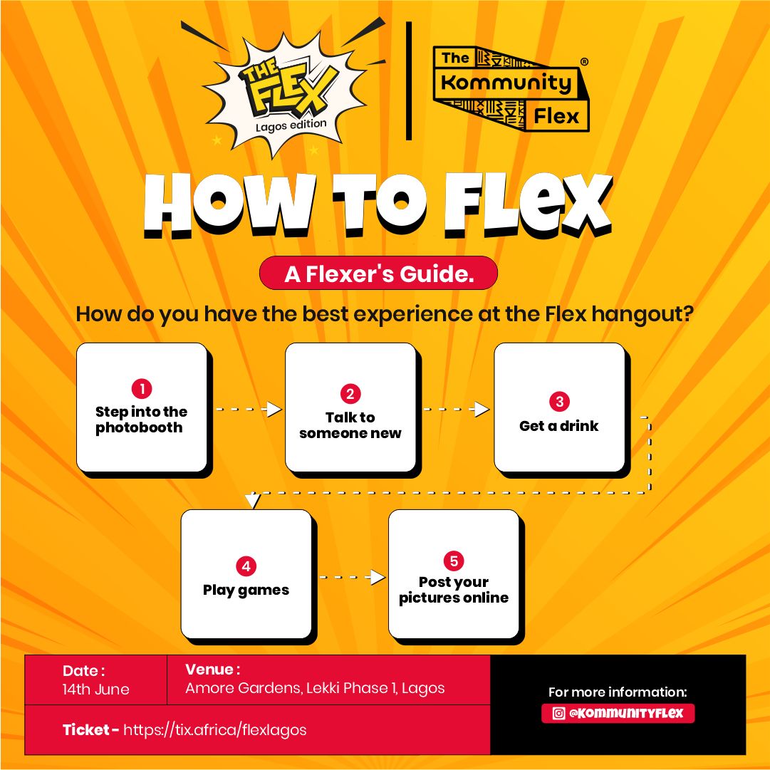 Kommunityflex's tweet photo. For the best experience you have to be ready to flex and be flexible!
How? We gotchu with this simple guide.
Ready to have fun? Get your ticket now
#kommunityflex #thatstheflex #thekommunity #theflex #KoolKidsAssemble #TheFlexHangout #Lagos #lagosedition #lagosparty https://t.co/BwgbdmTq7C