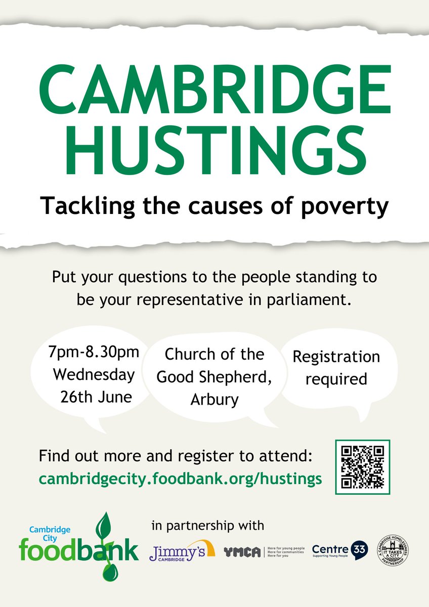 Two weeks to go until our general election hustings in partnership with <a href="/Centre33Camb/">Centre33</a> @Jimmyscambridge <a href="/foodbankcambs/">Cambridge City Foodbank</a> and @YMCATrinity 

Reserve your seat now.