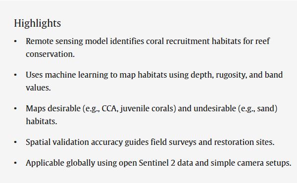 How do we know where to find suitable substrate where corals may already exist or could settle?  This is essential for coral restoration. Our new paper shows we can predict this using Sentinel 2 remote sensing data combined with field surveys:  doi.org/10.1016/j.rse.…