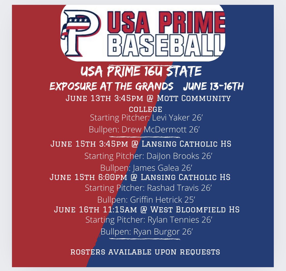 USA Prime MI 17u Exposure (@usapgregorich) on Twitter photo ๐จPITCHING ROTATION๐จ
Here is our pitching rotation for the <a href="/ExposedatGrands/">Exposure at the Grands</a> weekend!
Rosters and Player information upon request!
Let the summer begin!!
#PrimeOnTop
#USAPrime ๐จPITCHING ROTATION๐จ
Here is our pitching rotation for the <a href="/ExposedatGrands/">Exposure at the Grands</a> weekend!
Rosters and Player information upon request!
Let the summer begin!!
#PrimeOnTop
#USAPrime