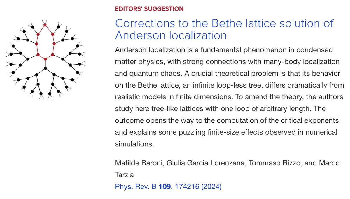 PhysRevB's tweet photo. PRB Editors' Suggestion: Corrections to the #BetheLatticeSolution of #AndersonLocalization
Matilde Baroni, Giulia Garcia Lorenzana, Tommaso Rizzo, and Marco Tarzia
Phys. Rev. B 109, 174216
➡️ https://t.co/eqENosw3s8
#EdSugg #physics #condmat @APSPhysics https://t.co/4hJVt7d37S