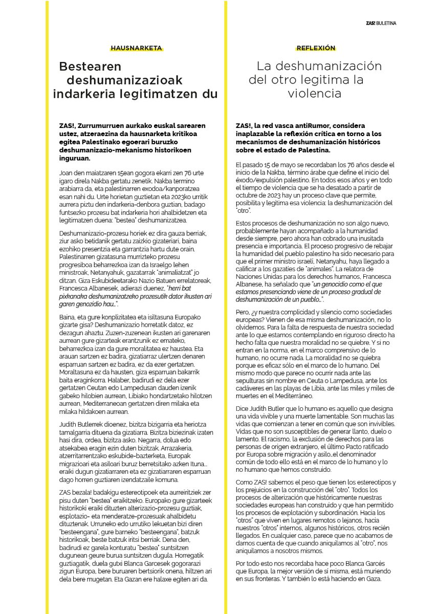 Zas_Antirumor's tweet photo. ⚠️ ZAS!, Zurrumurruen aurkako euskal sarearen ustez, atzeraezina da hausnarketa kritikoa egitea Palestinako egoerari buruzko deshumanizazio-mekanismo historikoen inguruan.  
🔗 https://t.co/U1kYNGrrWv
@RuizAndreaB https://t.co/XI3XyDoXbc