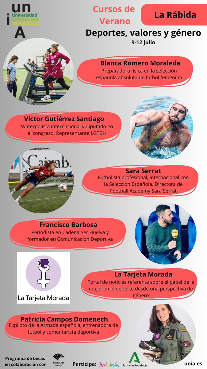 Este verano, en la <a href="/UNIAuniversidad/">Universidad Intern. de Andalucía</a> , tendremos el Curso de Verano Deportes, Valores y Género con estos profesionales como docentes entre otr@s 👩🏼‍🏫🧑‍🏫

Abordaremos el deporte y sus numerosos ámbitos con una perspectiva de género 🚺

Un tema a la orden del día y muy interesante ✅