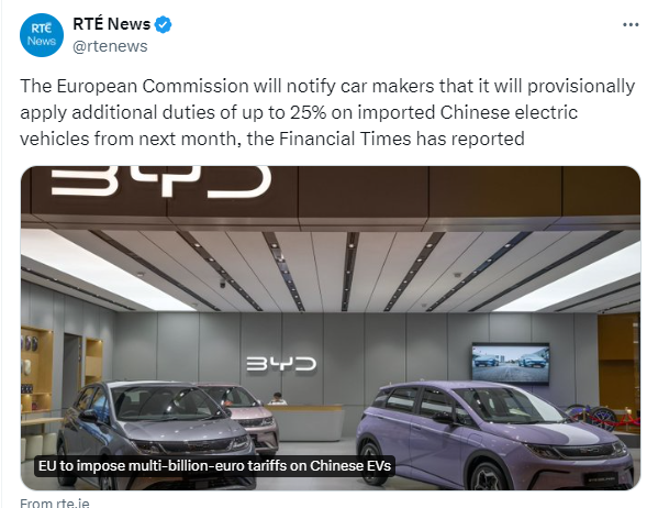WatchdogTh96012's tweet photo. If there was a "Real Climate Emergency" they would not be doing this. Its just a money racket and they don't want the Chinese cashing in. I can't wait to hear what @EamonRyan & his headbanger colleagues have to say about this move. #ChineseEVs #WhatClimateEmergency #MoneyRacket https://t.co/3Zx0LjMpy6