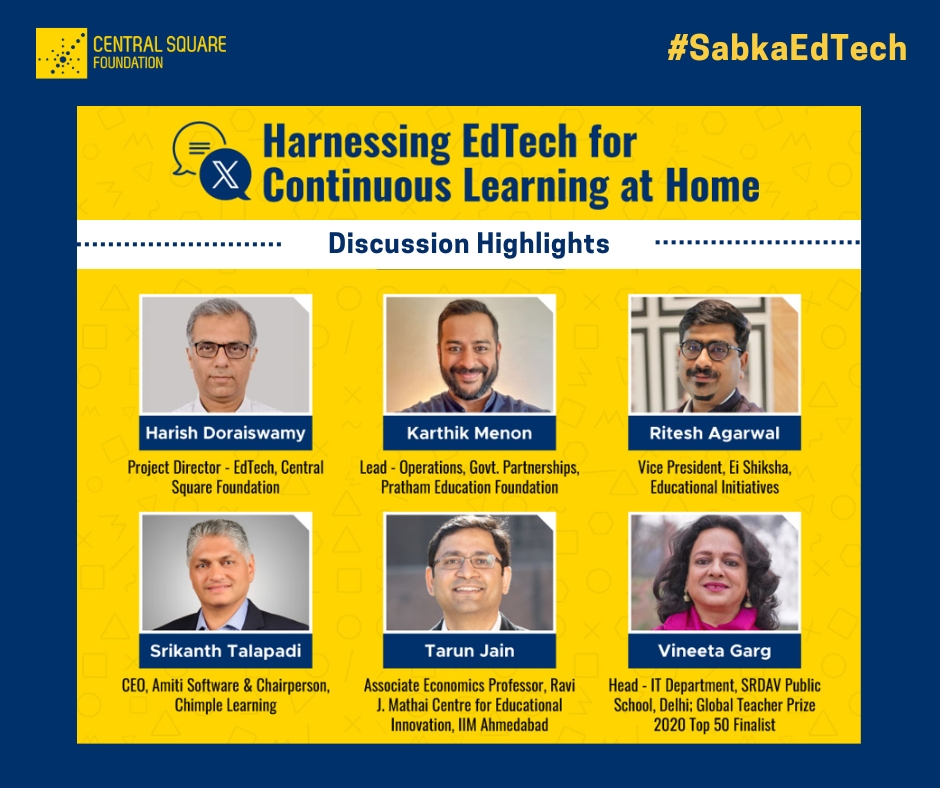 Central Square Foundation (@csf_india) on Twitter photo New blog alert! 📢
Check it out on our website, as we share reflections and top discussion highlights from our recent #TwitterChat on the theme 'Harnessing EdTech for Continuous Learning at Home' 📲
Click here to read: bit.ly/TwitterChatBlog
 #SabkaEdTech #AtHomeLearning New blog alert! 📢
Check it out on our website, as we share reflections and top discussion highlights from our recent #TwitterChat on the theme 'Harnessing EdTech for Continuous Learning at Home' 📲
Click here to read: bit.ly/TwitterChatBlog
 #SabkaEdTech #AtHomeLearning