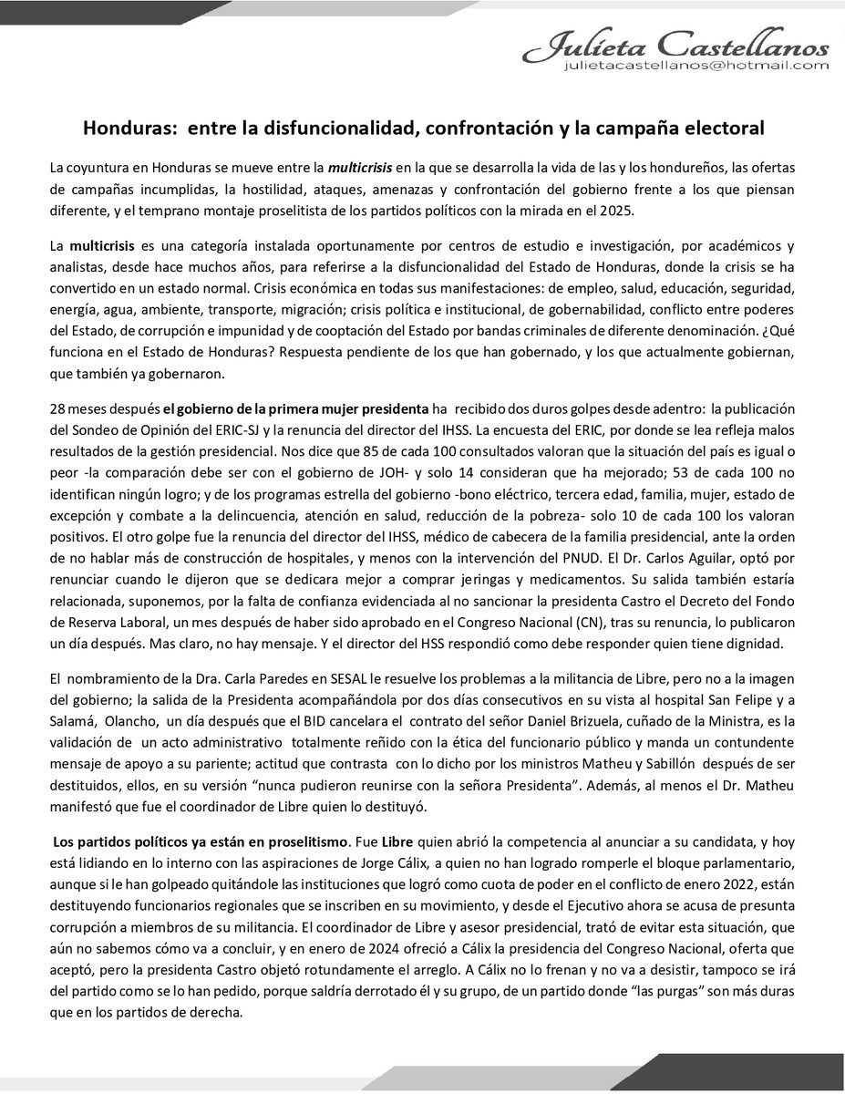 radioamericahn's tweet photo. #AméricaNoticias #Honduras

La exrectora de la UNAH, Julieta Castellanos en un carta pública que denominó “Honduras: entre la disfuncionalidad, confrontación y la campaña electoral”, se refirió al desempeño del gobierno en distintas situaciones, asimismo hace un análisis sobre cada partido político “que ya están en proselitismo”.   

Además, señala que la CICIH “ya no vendrá”. 

Para más información, visite: https://t.co/4cpxXVKi23