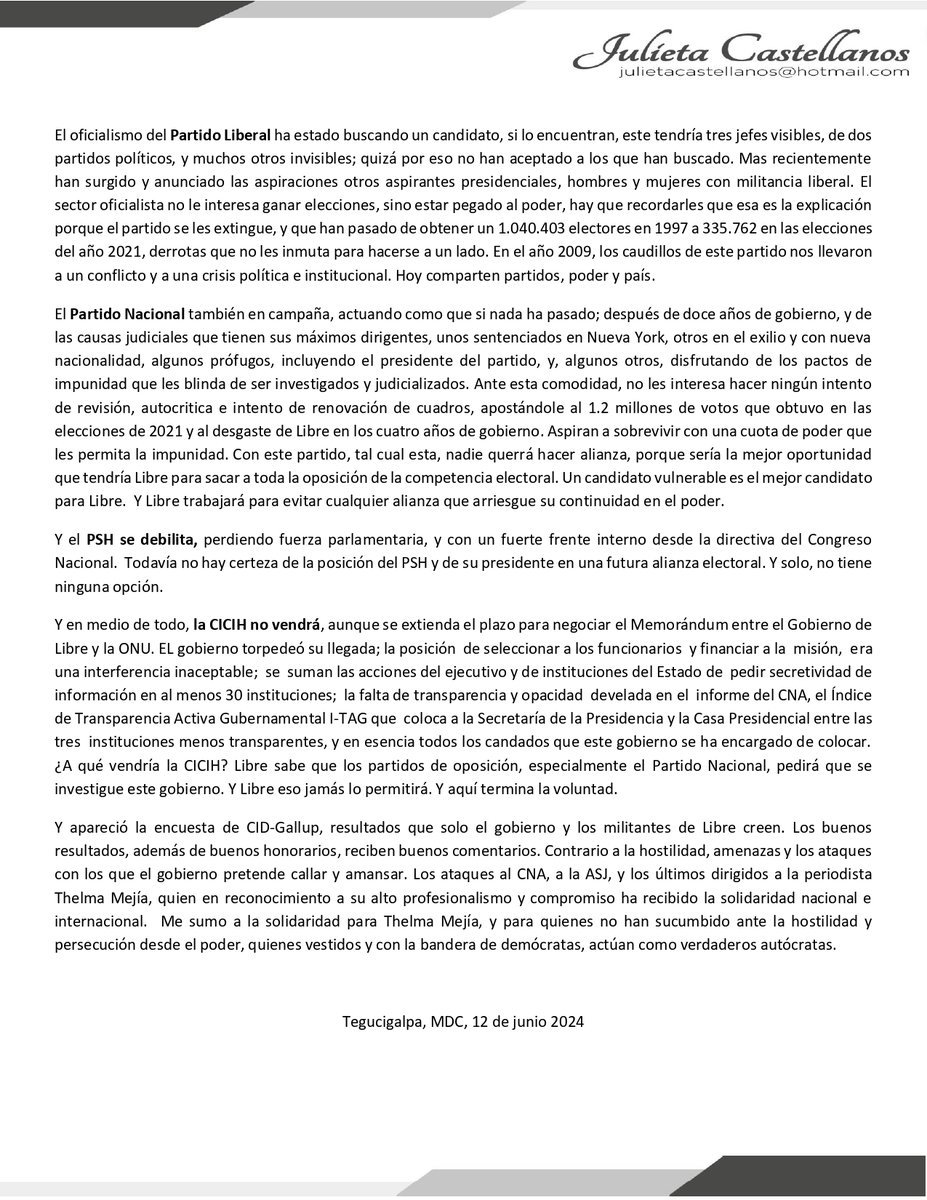 radioamericahn's tweet photo. #AméricaNoticias #Honduras

La exrectora de la UNAH, Julieta Castellanos en un carta pública que denominó “Honduras: entre la disfuncionalidad, confrontación y la campaña electoral”, se refirió al desempeño del gobierno en distintas situaciones, asimismo hace un análisis sobre cada partido político “que ya están en proselitismo”.   

Además, señala que la CICIH “ya no vendrá”. 

Para más información, visite: https://t.co/4cpxXVKi23