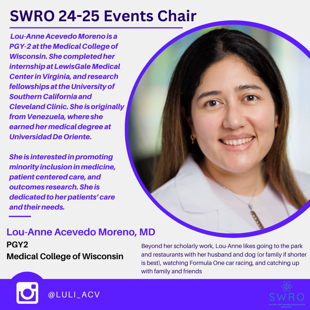 SWRO (@s_w_r_o) on Twitter photo On this #WeWhoCurie Wednesday, we feature our Events Chair, Dr. Lou-Anne Acevedo Moreno, MD.
Dr. Acevedo Moreno is a PGY-2 at the <a href="/MCWRORes/">MCW Radiation Oncology Residency</a> - a program with a long history of SWRO leaders and members!
Learn more about Dr. Acevedo Moreno (and her Formula 1 interests 🏎️) below: On this #WeWhoCurie Wednesday, we feature our Events Chair, Dr. Lou-Anne Acevedo Moreno, MD.
Dr. Acevedo Moreno is a PGY-2 at the <a href="/MCWRORes/">MCW Radiation Oncology Residency</a> - a program with a long history of SWRO leaders and members!
Learn more about Dr. Acevedo Moreno (and her Formula 1 interests 🏎️) below: