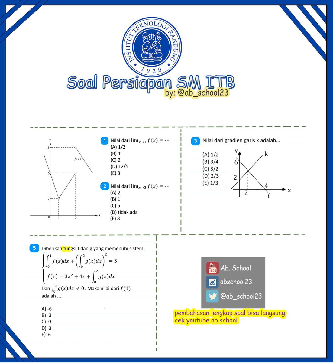 SM ITB 2024 Bag.1
Buat yang mau Tes Seleksi Mandiri ITB (SM ITB) 2024, yuk latihan tipe soal-soal matematika SM ITB yang modelnya sring muncul!
Untuk pembahasan lengkapnya bisa langsung cek kesini youtu.be/yxcXGCf_Ni0?si…