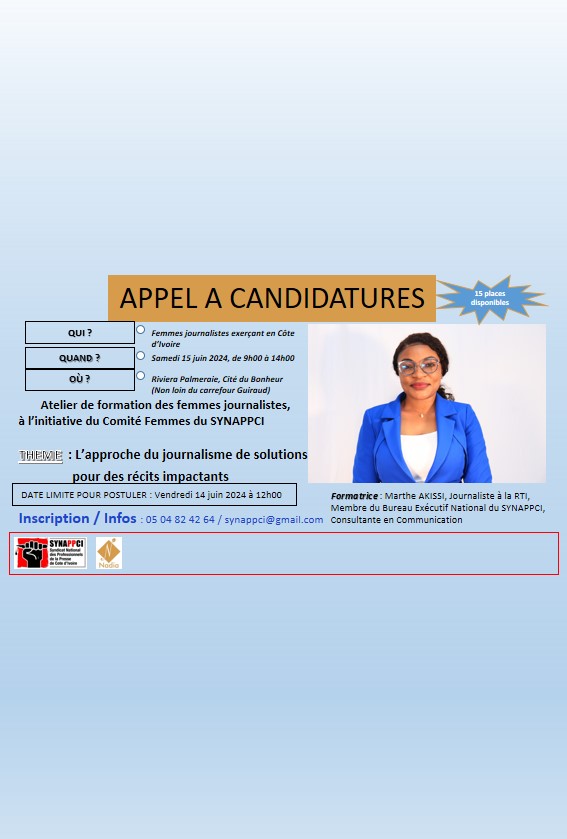 SYNAPP_CI's tweet photo. Avis aux femmes journalistes travaillant en Côte d'Ivoire https://t.co/4d9MBFNqcD