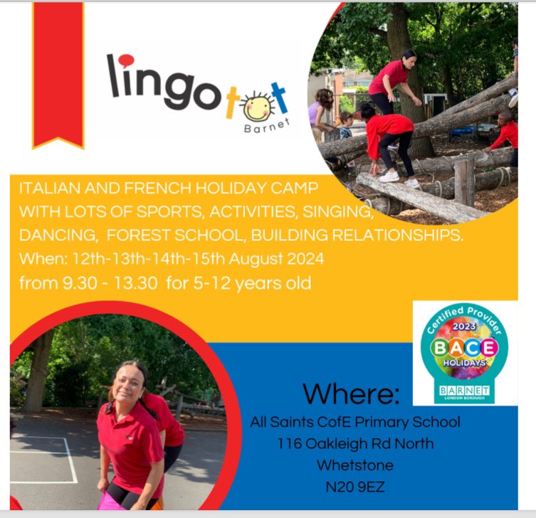 LingototBarnet's tweet photo. Lingotot Barnet French and Italian Summer holiday camp can now be booked at:
https://t.co/At4nZ90Pwx
FREE HAF spaces available , to check your eligibility and to book please visit:
https://t.co/uiQb2zkiDQ
#barnetschools #BarnetCouncil #HAF2024 #BARNETYOUth #DepartmentofEducation https://t.co/USmQRYL8mW