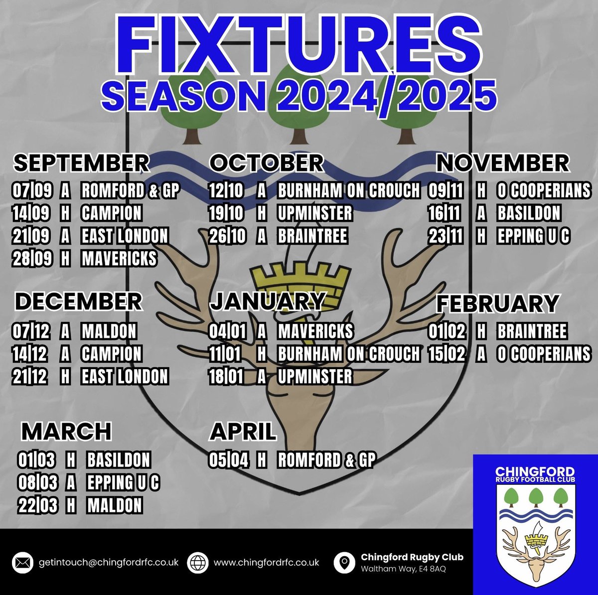 🏉 Exciting news, Chingford Rugby Club fans! The 2024/2025 league fixtures are out! Get ready for an adrenaline-pumping season ahead! 🌟 A big welcome to Basildon and Burnham-on-Crouch joining us in the league. Let the countdown to the season begin. 🏆🔥
