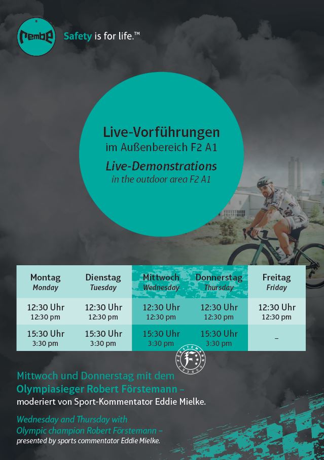 REMBE® Live-Demonstrations at ACHEMA 2024
Do not miss the chance to visit our live demonstrations on our outdoor area F2 A1 - every day at 12:30 pm and 3:30 pm.
Wednesday and Thursday with Olympic track cyclist Robert Förstemann and presented by sports commentator Eddie Mielke.