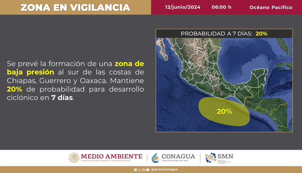 conagua_clima's tweet photo. ⚠️🤓 El #SMNmx vigila la posible formación de una zona de #BajaPresión con probabilidad para desarrollar un #CiclónTropical en el océano #Pacífico. https://t.co/cuk8jJt7rF