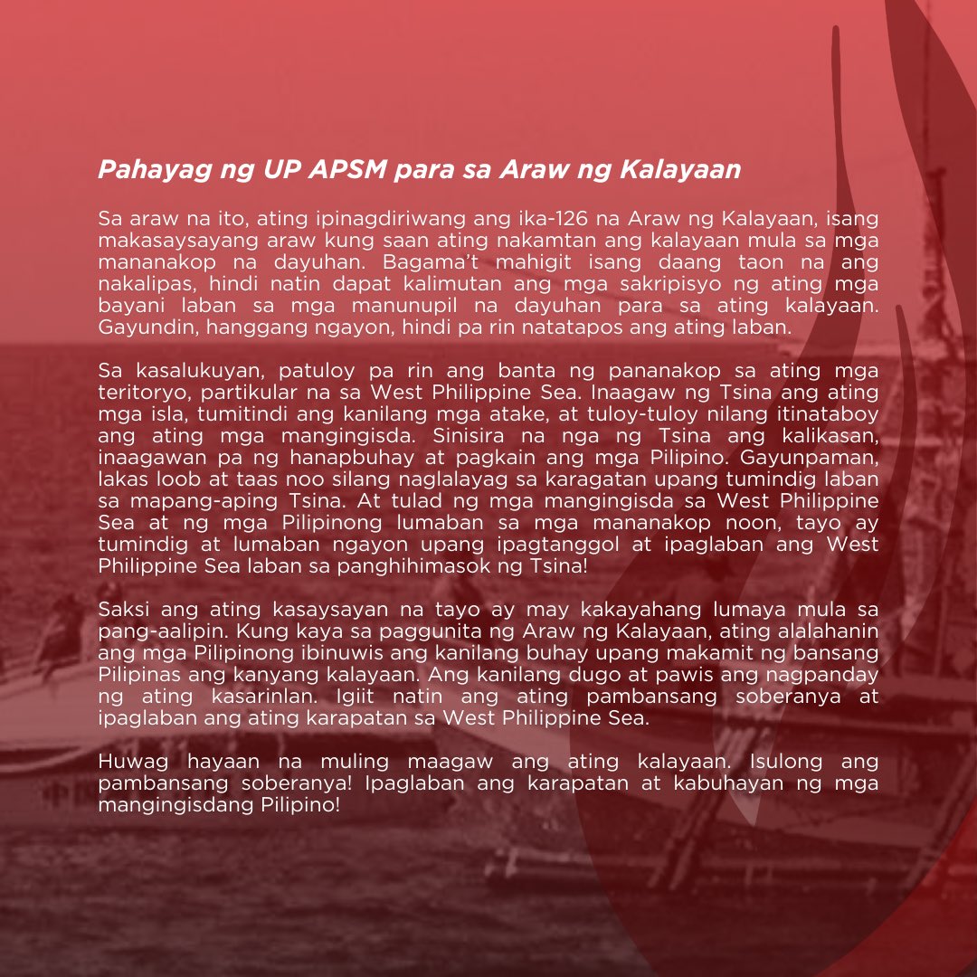 up_apsm's tweet photo. ISULONG ANG PAMBANSANG SOBERANYA! IPAGLABAN ANG KABUHAYAN NG MGA MANGINGISDANG PILIPINO!

#ArawNgKalayaan2024
#UPAPSM https://t.co/m15hrxQryC